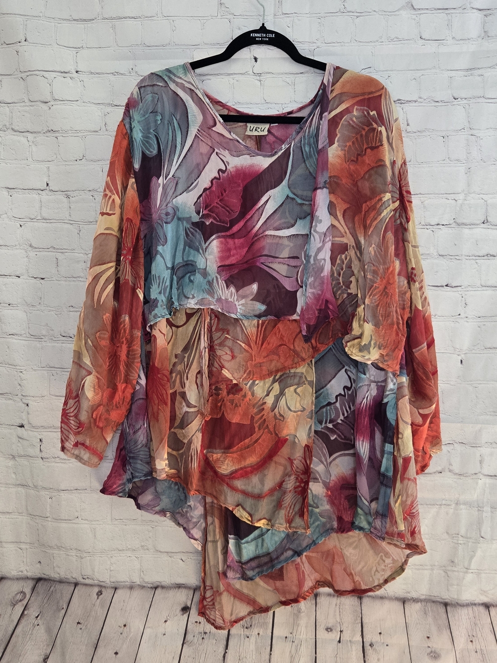 URU Los Angeles Silk Burnout Floral Layered Top Made in USA Artsy Y2K Fairy